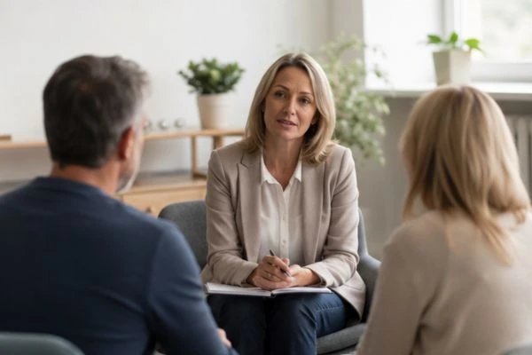 Couple discussing financial arrangement , pensions in divorce Plymouth